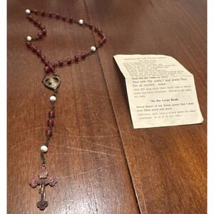 Vintage Sacred Heart Rosary Red White‎ Beads w/ Aurora IL Prayer Card